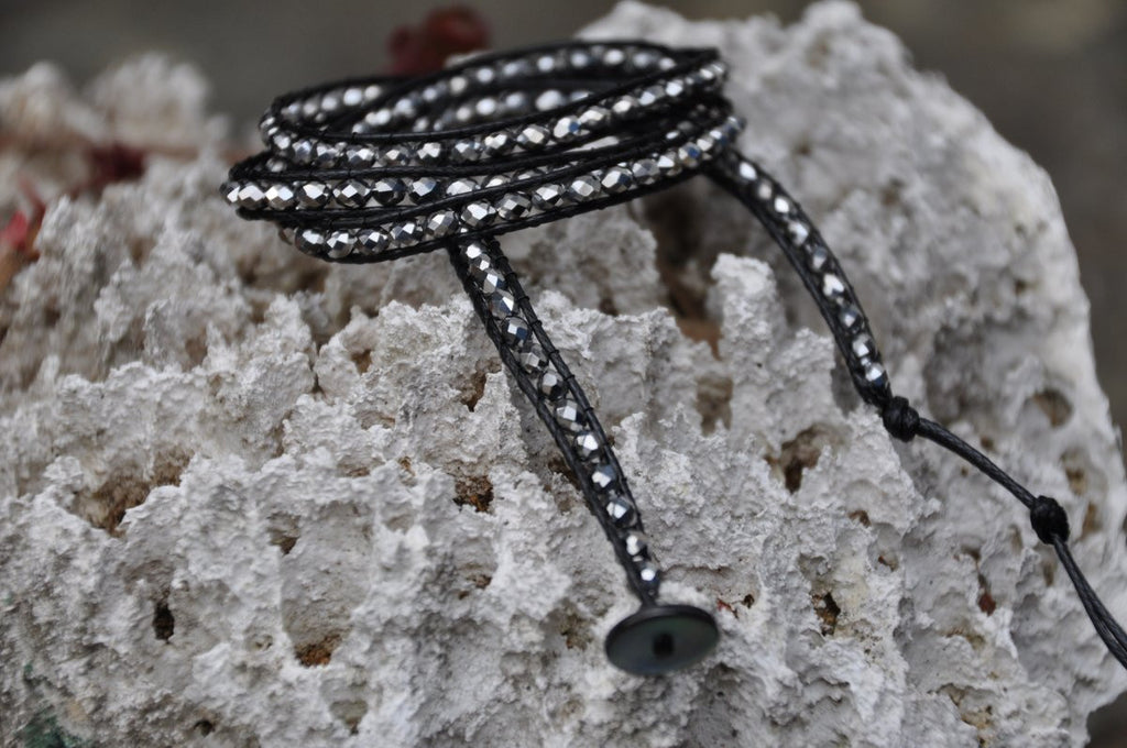 Sparkling Dressy Gray Beaded Black Leather Wrap with Shell Button