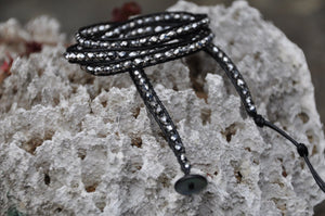 Sparkling Dressy Gray Beaded Black Leather Wrap with Shell Button