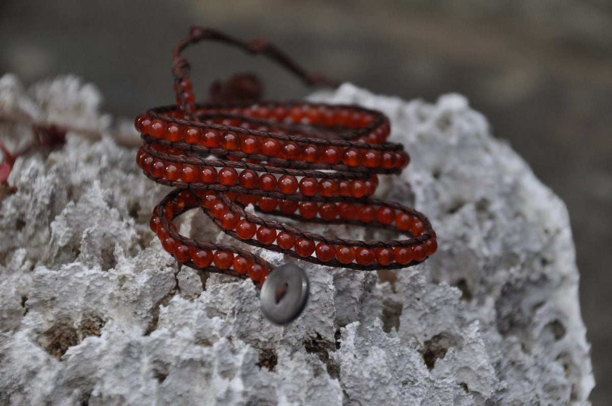Red Agate Beaded String Wrap with Shell Button
