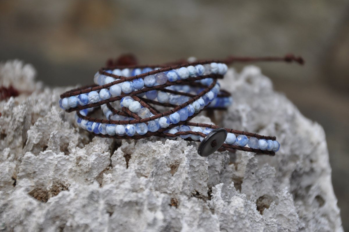 Sky Blue Marbled Stone String Wrap with Shell Button