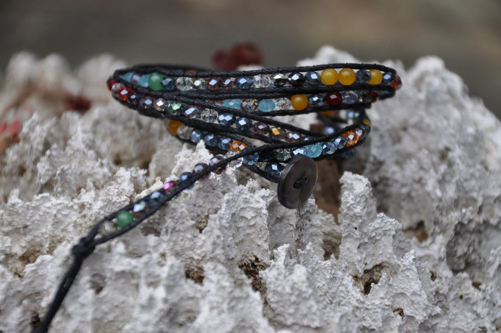Sparkling Multi-Colored Agate and Jade String Wrap with Shell Button