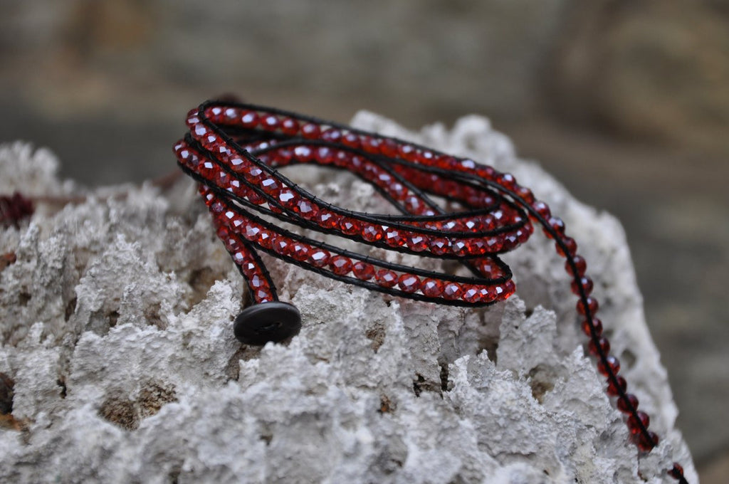 Sparkling Red Beaded Black Leather Wrap with Shell Button