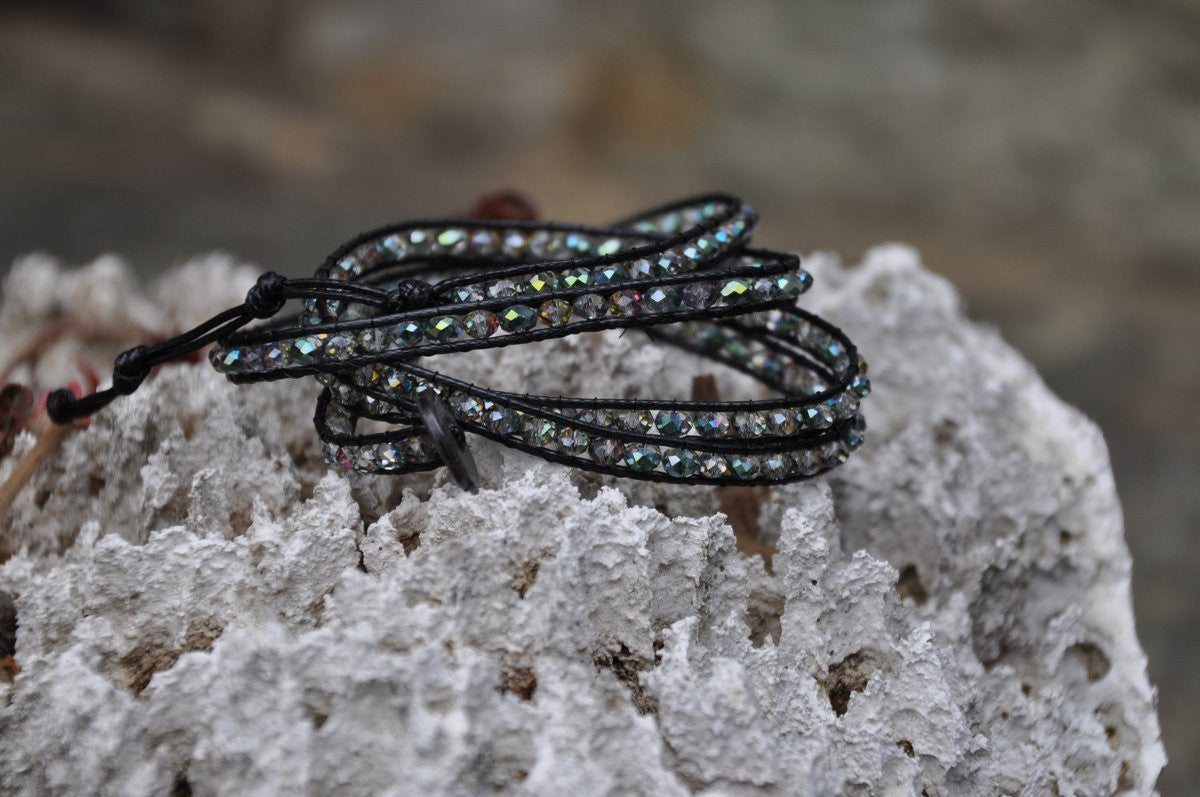 Sparkling Clear Glass Beaded Black Leather Wrap with Shell Button
