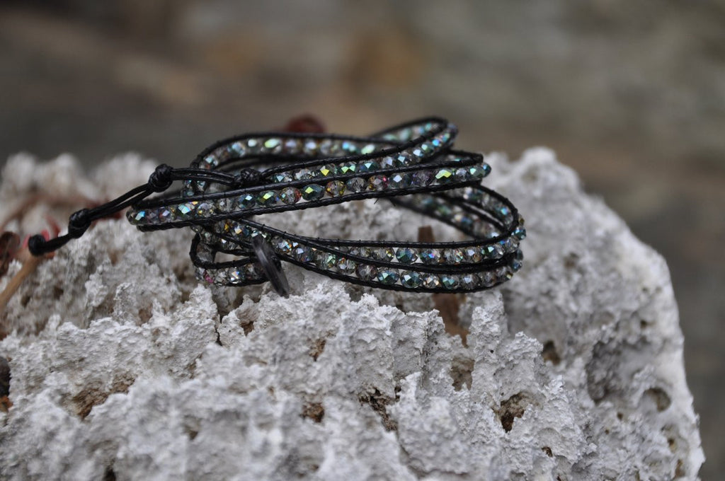 Sparkling Clear Glass Beaded Black Leather Wrap with Shell Button