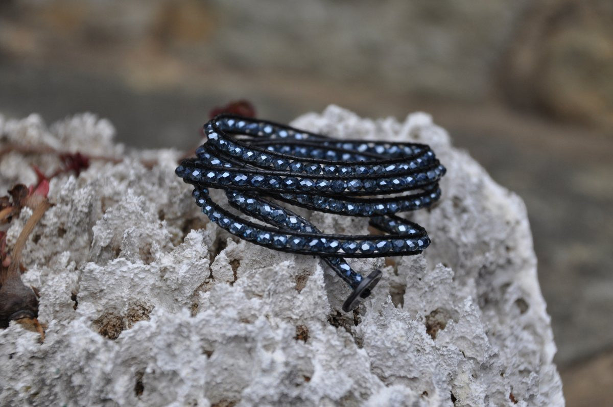 Sparkling Midnight Blue Beaded Black Leather Wrap with Shell Button