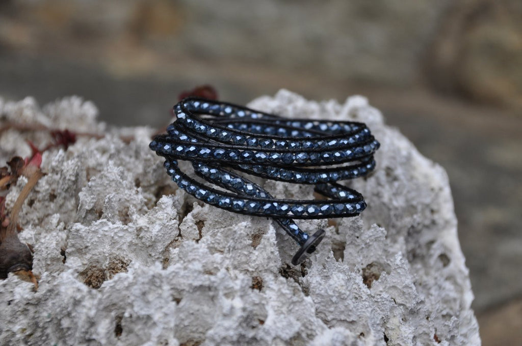 Sparkling Midnight Blue Beaded Black Leather Wrap with Shell Button