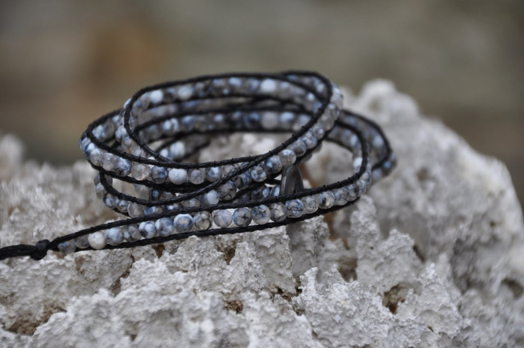 Gray Marbled Stone Beaded Black Leather Wrap with Shell Button