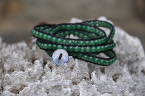 Green Jade Beaded Black Leather Wrap with Shell Button