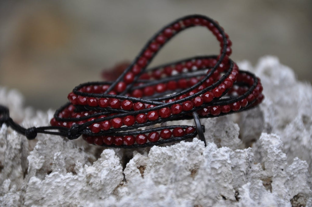 Sparkling Red Beaded Black Leather Wrap with Shell Button
