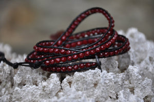 Sparkling Red Beaded Black Leather Wrap with Shell Button