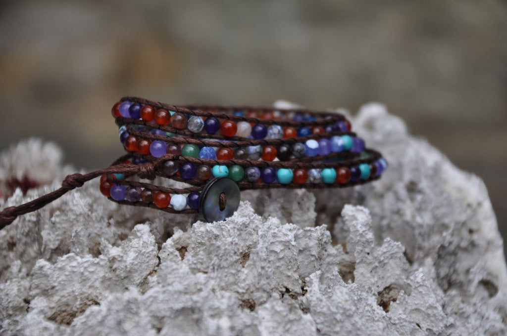 Multi-Colored Stone and Jade Beaded Black Leather Wrap with Shell Button