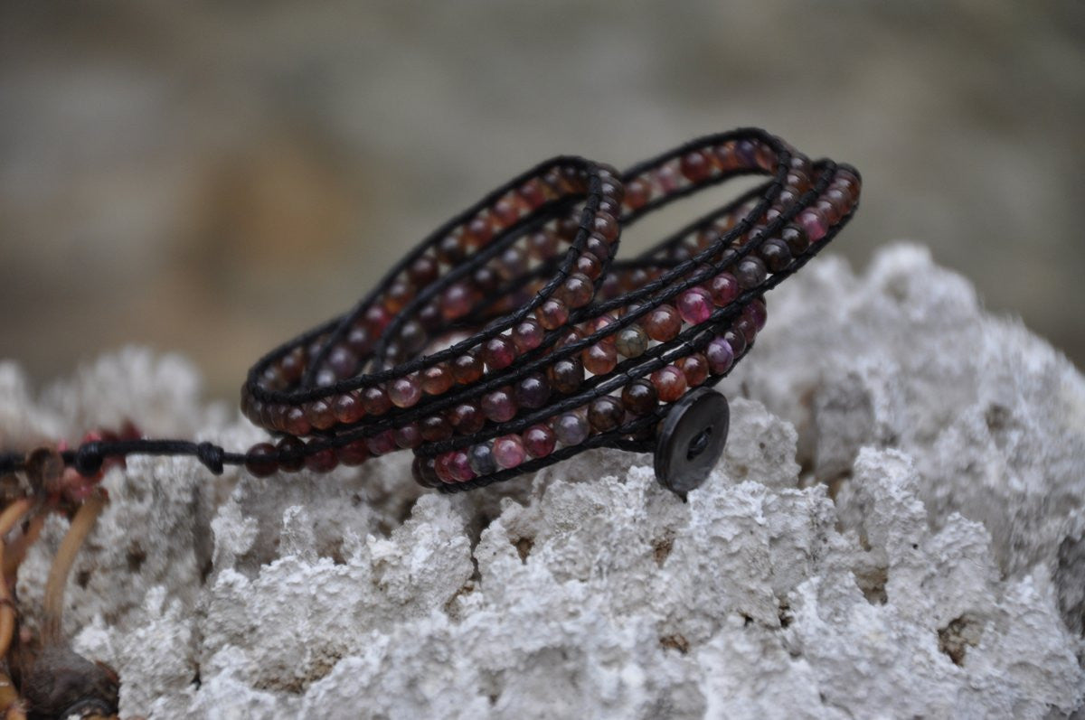 Plum Beaded Stone Black Leather Wrap with Shell Button