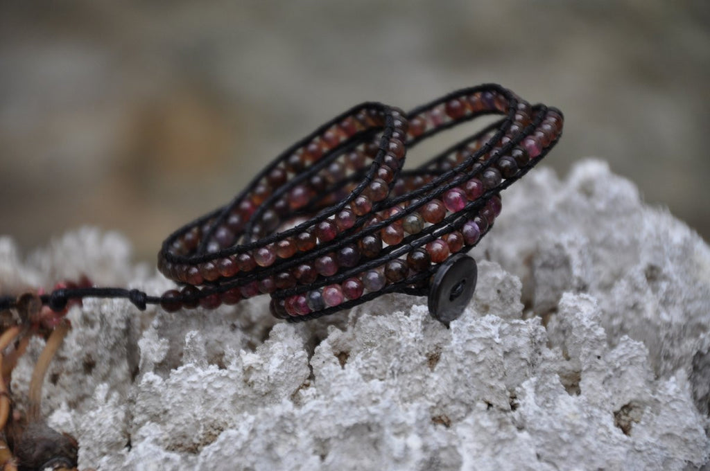 Plum Beaded Stone Black Leather Wrap with Shell Button