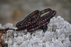 Plum Beaded Stone Black Leather Wrap with Shell Button
