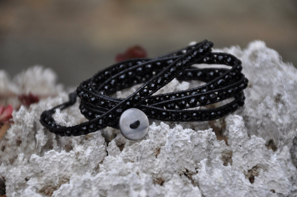 Sparkling Dressy Black Beaded Black Leather Wrap with Shell Button