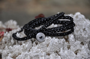 Sparkling Dressy Black Beaded Black Leather Wrap with Shell Button