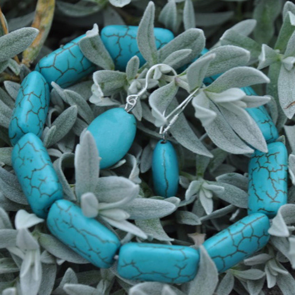 Rectangular Turquoise Stretch Bracelet and Oval Turquoise Earrings