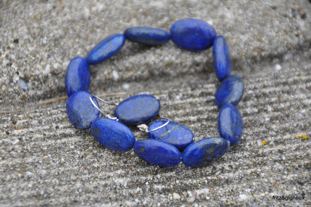 Oval Lapis Stretch Bracelet and Drop Earrings