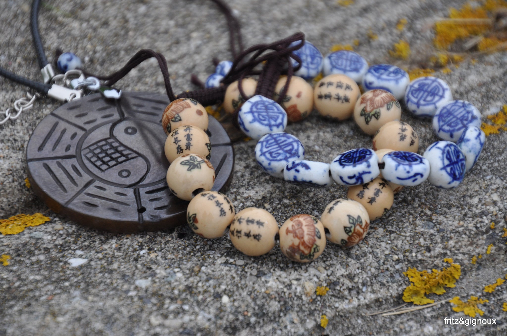 Yin Yang Pendant Necklace and Ceramic Bead Bracelets