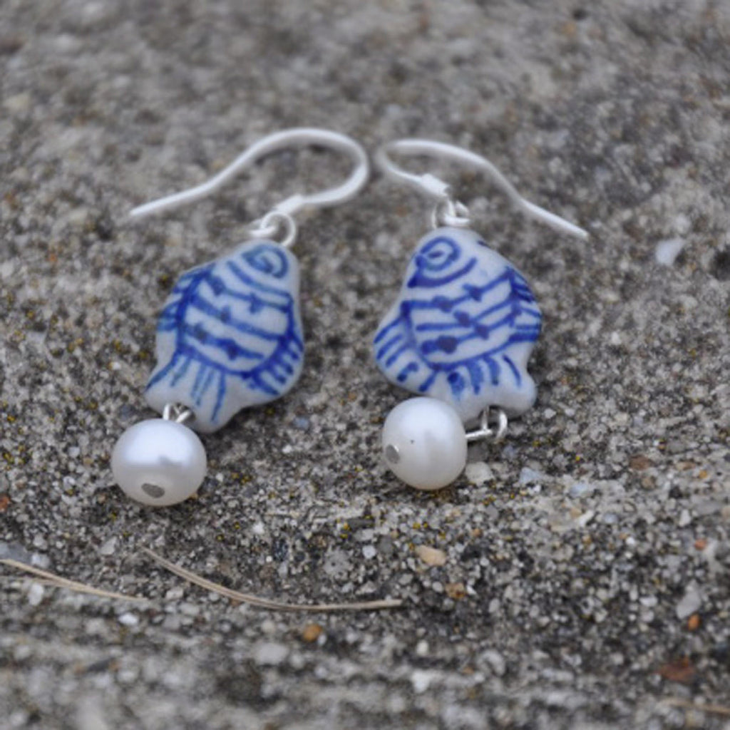 Porcelain Fish and White Pearl Earrings