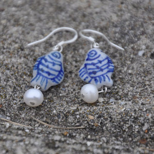 Porcelain Fish and White Pearl Earrings