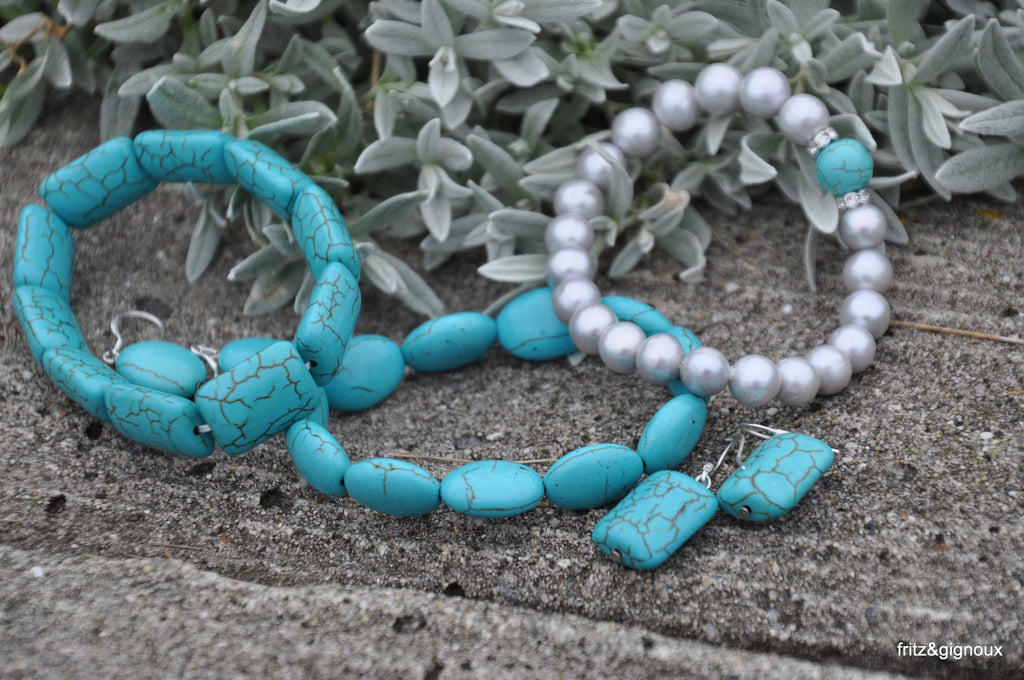 Oval Turquoise Stretch Bracelet, Rectangular Turquoise Drop Earrings, Gray Pearl Stretch Bracelet with Turquoise Bead