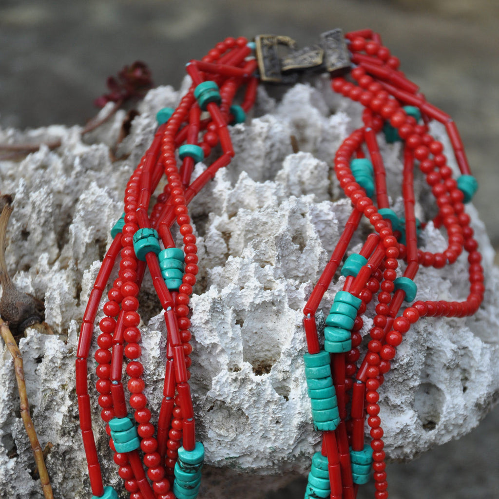 Red Coral and Turquoise Beaded Necklace
